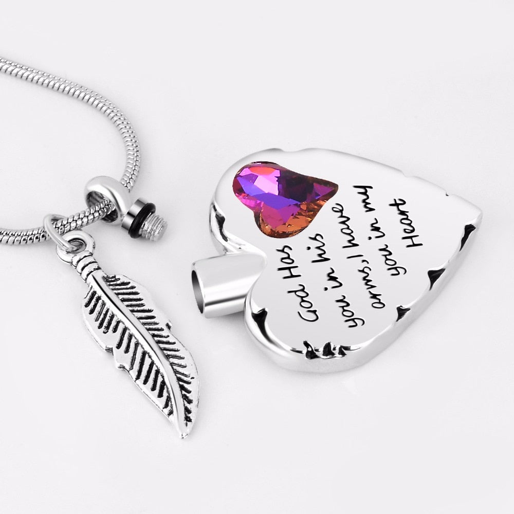 Engraved Heart-shaped Cremation Pendant with Feather