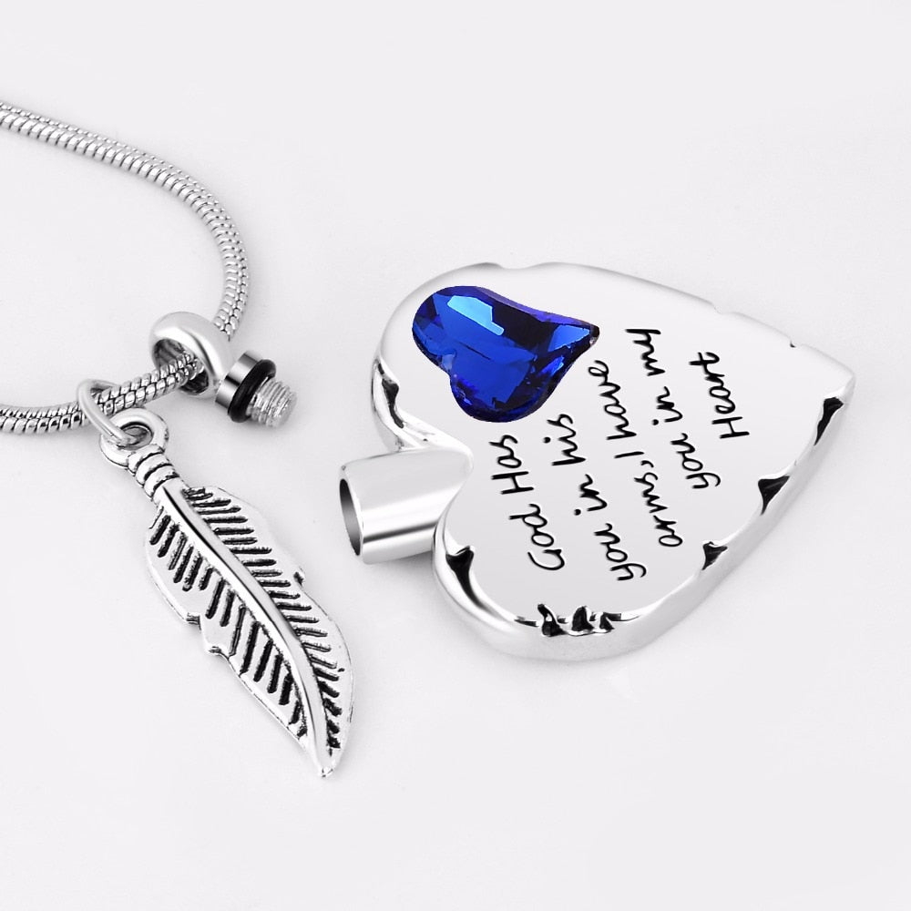 Engraved Heart-shaped Cremation Pendant with Feather