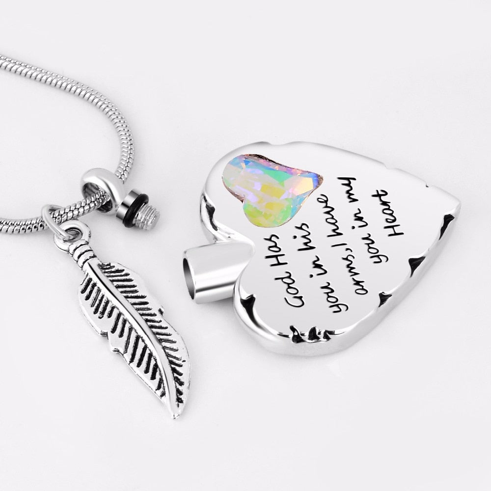 Engraved Heart-shaped Cremation Pendant with Feather