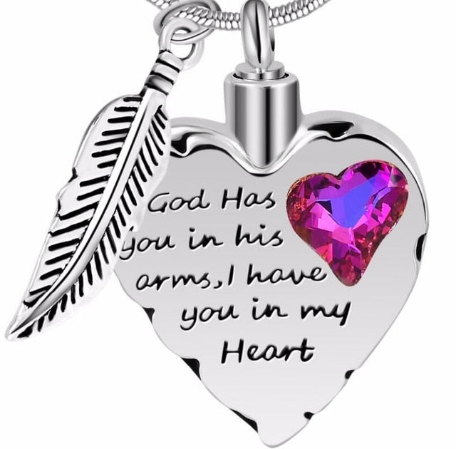 Engraved Heart-shaped Cremation Pendant with Feather