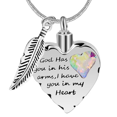 Engraved Heart-shaped Cremation Pendant with Feather