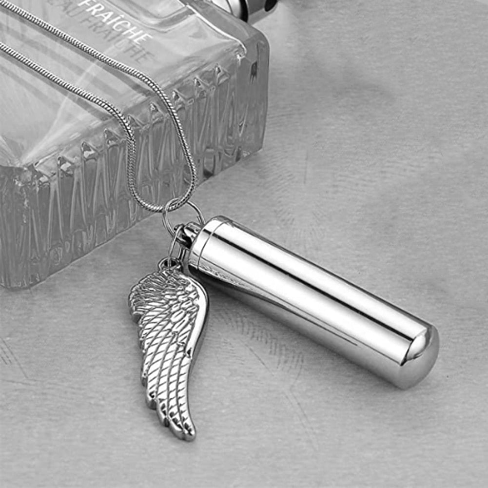 Cylinder Cremation Necklace with Angel Wing Charm