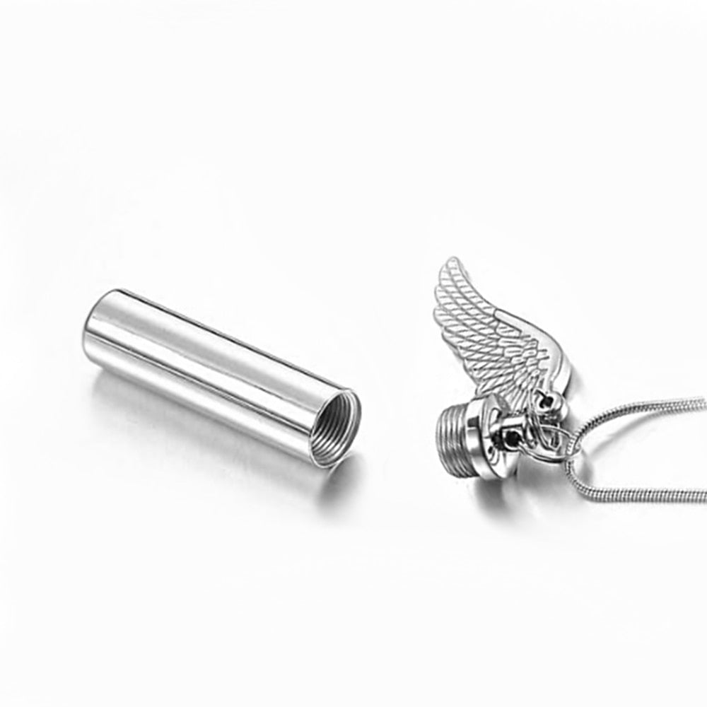 Cylinder Cremation Necklace with Angel Wing Charm