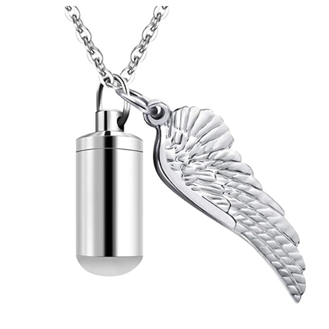 Cylinder Cremation Necklace with Angel Wing Charm