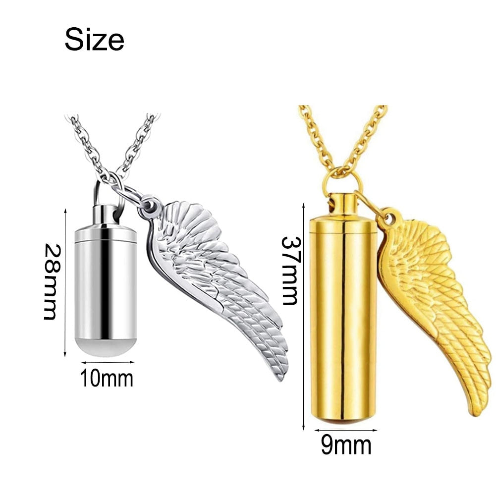 Cylinder Cremation Necklace with Angel Wing Charm