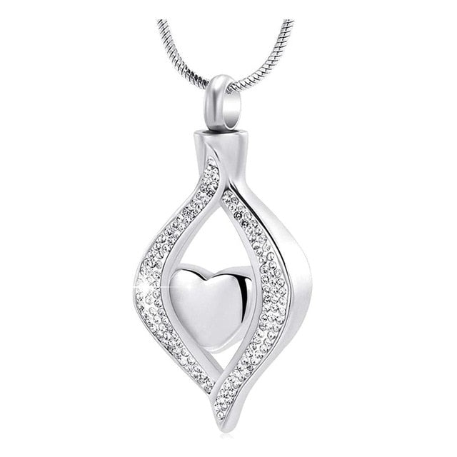 Teardrop with Heart &amp; Crystals Cremation Pendant Necklace