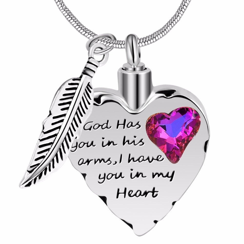 Engraved Heart-shaped Cremation Pendant with Feather